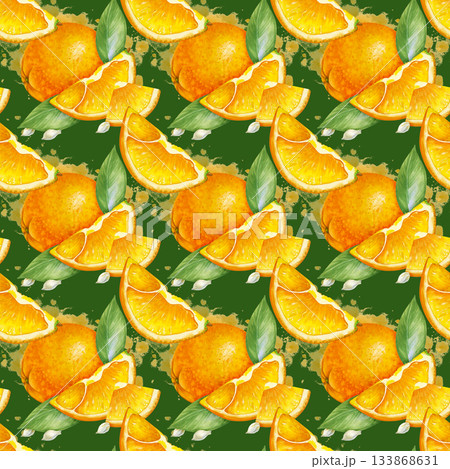 Seamless pattern with oranges, slices, seeds and leaves on a green background. Watercolor illustration with juicy fruits. A bright botanical template for packaging, textiles, wallpaper and tableware. 133868631