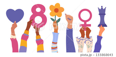 Diverse women raise symbols of strength and empowerment for International Women s Day 133868643