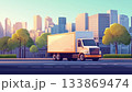 Modern City Delivery Truck Navigating The Bustling Shopping Street In The City Center 133869474