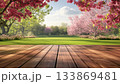 Peaceful Wooden Terrace With Lush Garden Background Rendered 133869481
