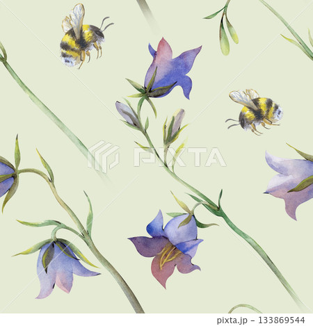 Watercolor seamless pattern with bluebells and flying bumblebees on a light green background. Botanical illustration with wildflowers in natural colors. Realistic ornament for summer themes. 133869544