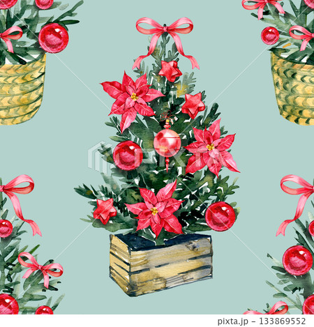 Watercolor seamless pattern featuring decorative mini Christmas trees with red ornaments, bows and poinsettias. Perfect for festive gift wrap, fabric, greeting cards, packaging and winter craft 133869552