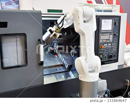 Robotic arm and cnc lathe machine Robotic arm and cnc lathe machine 133869647
