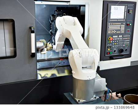 Robotic arm and cnc lathe machine 133869648