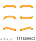 Collection of six orange ribbon banners graphic design elements for text decoration and promotion isolated on white background 133869902