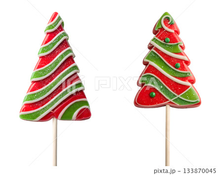 Sweet holiday treat: red and green striped christmas tree-shaped lollipops, a festive candy concept for the winter season 133870045