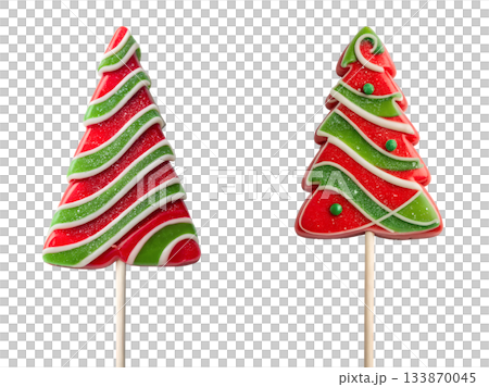 Sweet holiday treat: red and green striped christmas tree-shaped lollipops, a festive candy concept for the winter season 133870045