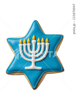 Festive 3d illustration of traditional blue hanukkah cookie shaped like the star of david and menorah, isolated on transparent background 133870047