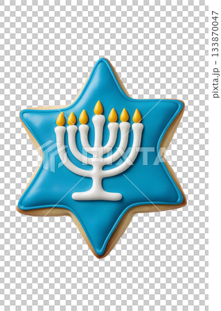 Festive 3d illustration of traditional blue hanukkah cookie shaped like the star of david and menorah, isolated on transparent background 133870047