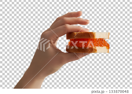 Hand holding delicate red caviar sandwich canape, appetizer for events, luxury dining and celebration 133870048