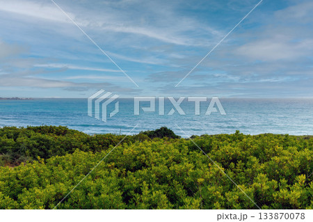 Blue ocean background with coastline covered by green bushes. Blue ocean background with coastline covered by green bushes. 133870078