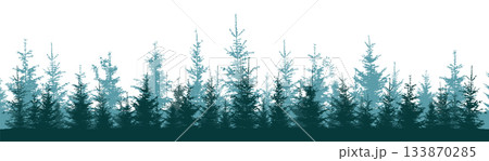 Fir trees silhouette. Christmas winter forest. Beautiful hand drawn panorama of coniferous forest. Not AI, vector illustration. 133870285