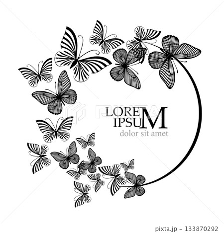 Monochrome black round frame with butterflies . Hand drawn. Not AI, vector illustration. Monochrome black round frame with butterflies . Hand drawn. Not AI, vector illustration. 133870292