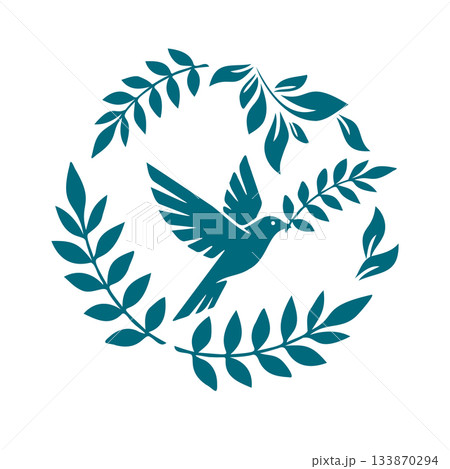 Bird in a wreath symbol blue graphic object of peace. Hand drawn. Not AI, vector illustration. 133870294