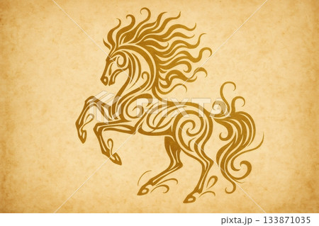 Golden stylized illustration of a fiery horse prancing with long mane and tail on old paper background, suitable for equine and vintage design projects 133871035