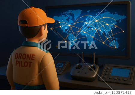 Character depicting a drone pilot observing a world map on a monitor, showing a global network connection and data flow Character depicting a drone pilot observing a world map on a monitor, showing a global network connection and data flow 133871412