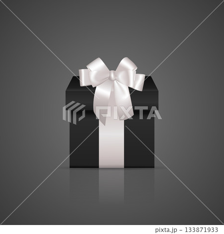 Black Gift Box with White Ribbon. Luxury Black Present Box with White Bow, Realistic 3D Gift Box for Birthday, Anniversary, Holiday, Christmas, Sale, Promotion and Elegant Gift Packaging Design Black Gift Box with White Ribbon. Luxury Black Present Box with White Bow, Realistic 3D Gift Box for Birthday, Anniversary, Holiday, Christmas, Sale, Promotion and Elegant Gift Packaging Design 133871933