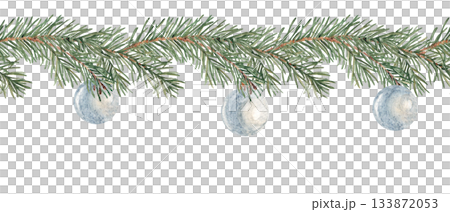 New Year, Christmas Horizontal Watercolor Seamless border Pattern. Pine or Fir Branches with blue baubles. Hand painted illustration of Winter forest plant with green needles on white background. Can 133872053