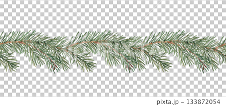 Pine or Fir Branches Horizontal Watercolor Seamless border Pattern. Hand painted illustration of Winter forest plant with green needles on white background. Can be used for fabric, textile, packaging Pine or Fir Branches Horizontal Watercolor Seamless border Pattern. Hand painted illustration of Winter forest plant with green needles on white background. Can be used for fabric, textile, packaging 133872054