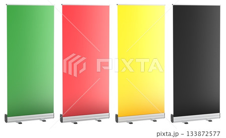 Colored roll up banners in green, red, yellow and black. 3D rendering 133872577