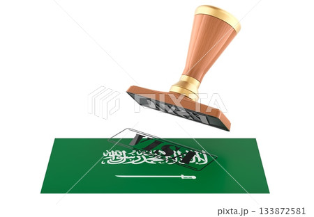 Saudi Arabia, visa stamp with flag. 3D rendering Saudi Arabia, visa stamp with flag. 3D rendering 133872581