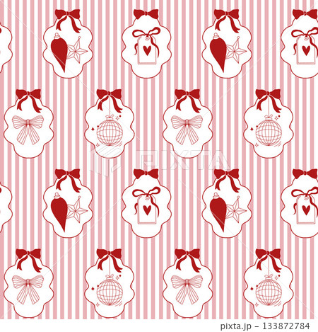Hand-drawn Christmas seamless pattern with red stripes and bows, frames and Christmas ornaments Hand-drawn Christmas seamless pattern with red stripes and bows, frames and Christmas ornaments 133872784