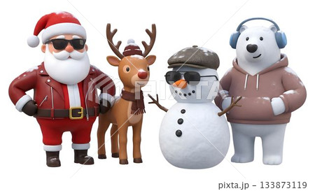 Cheerful cartoon characters celebrating winter holidays with joy and style in festive attire Cheerful cartoon characters celebrating winter holidays with joy and style in festive attire 133873119