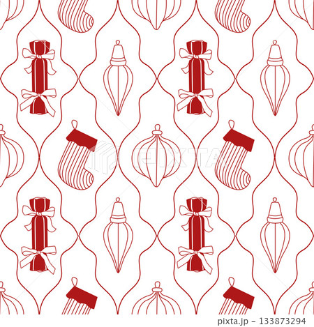 Hand-drawn Christmas seamless pattern with ornaments and gift and stockings in red color Hand-drawn Christmas seamless pattern with ornaments and gift and stockings in red color 133873294