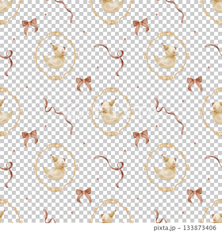 Pattern duck in party hat vintage frame red bows ribbons. Watercolor illustration in children's style. Print isolated from background suitable for baby textiles, clothing, wallpaper, packaging 133873406