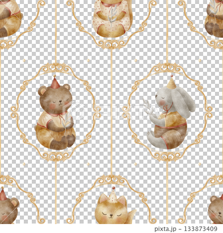 Pattern vintage animal frame, bear rabbit fox with bows ribbons. Watercolor illustration children's style. Print isolated from background, suitable for baby textiles clothing wallpaper packaging 133873409