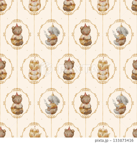 Pattern vintage animal frame, bear rabbit fox with bows ribbons. Watercolor illustration in children's style. Print on pastel beige background, suitable baby textiles clothing wallpaper packaging Pattern vintage animal frame, bear rabbit fox with bows ribbons. Watercolor illustration in children's style. Print on pastel beige background, suitable baby textiles clothing wallpaper packaging 133873416