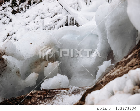 Frozen Waterfall In Bad Urach, Baden Wuerttemberg: Dramatic Winter Ice Formations With Icicles And Snow Covering Rocks And Bare Trees Frozen Waterfall In Bad Urach, Baden Wuerttemberg: Dramatic Winter Ice Formations With Icicles And Snow Covering Rocks And Bare Trees 133873534