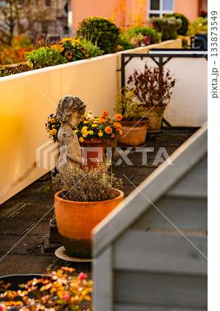 Terrace Garden With Flower Pots And Stone Statue: Sunlit Outdoor Arrangement Of Colorful Blossoms And Decorative Sculpture In Warm Autumn Atmosphere 133873549