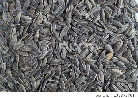 Black sunflower seeds. Black sunflower seeds for texture or background. Black sunflower seeds macro close up 133873761
