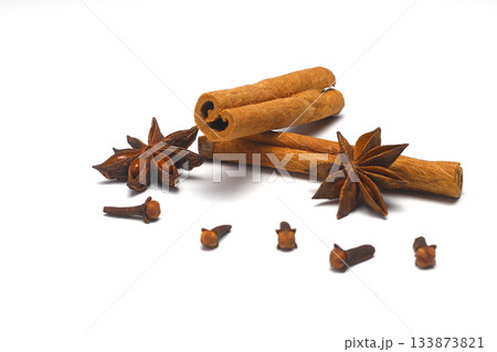 Cinnamon, cloves and star anise. Different spices set on white background. Selective focus. 133873821