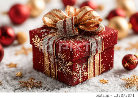 Premium gift box. Classic Red Gift Box with Gold bow on white background. Christmas decor. Premium gift box. Classic Red Gift Box with Gold bow on white background. Christmas decor. 133873871