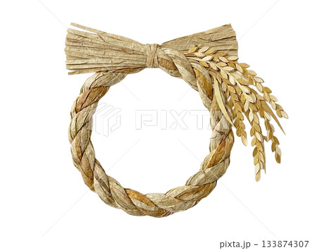 和紙で表現された稲穂付きしめ縄飾りの切り絵風イラスト 和紙で表現された稲穂付きしめ縄飾りの切り絵風イラスト 133874307