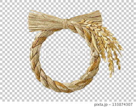 和紙で表現された稲穂付きしめ縄飾りの切り絵風イラスト 和紙で表現された稲穂付きしめ縄飾りの切り絵風イラスト 133874307
