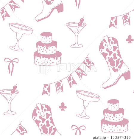 Whimsical cowgirl seamless pattern with lips, hearts, and lasso lines 133874319