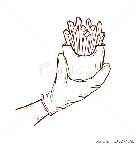 A hand in a latex glove holding a portion of French fries in a package. Vector illustration in a minimalist outline style with brown lines and isolated on a white background. Suitable for menus 133874389