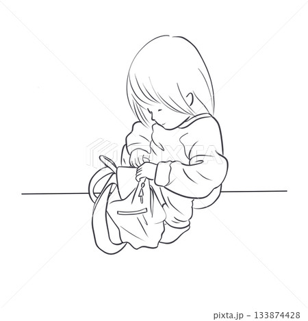 リュックを開ける子どもの線画|Child opening backpack line art リュックを開ける子どもの線画|Child opening backpack line art 133874428