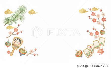 松竹梅と羽子板独楽の年賀状フレーム素材 133874705