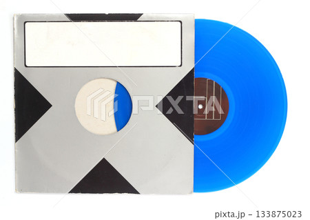 Aged black paper cover and blue vinyl LP record isolated on white background 133875023