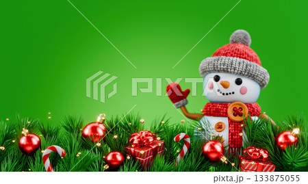 Christmas background frame decorated with Christmas tree and red balls Snowman welcoming 3D Christmas background frame decorated with Christmas tree and red balls Snowman welcoming 3D 133875055