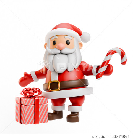 Santa holding candy cane and gift 3D 133875066