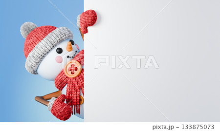 Snowman holding white copy space web banner looking at board 3D 133875073