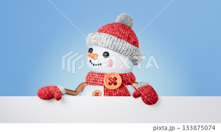 Snowman holding white copy space web banner Looking right 3D 133875074