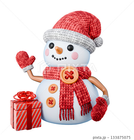 Snowman wave hand wearing knitted gloves and Santa cap 3D 133875075