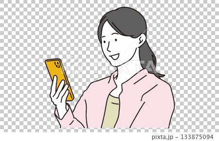 Illustration material of a woman smiling and looking at her smartphone screen 133875094