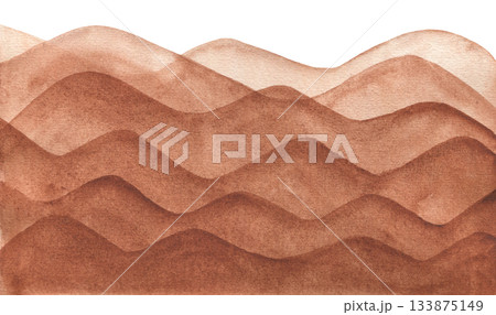 Watercolor layered brown wavy paper cut desert sand border background. Abstract hand painting dark earth color watercolour mountains for nature banner, poster design 133875149